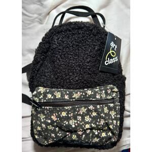 NWT Black Fuzzy Full Zip Adjustable Mini Backpack with outside flowers pocket